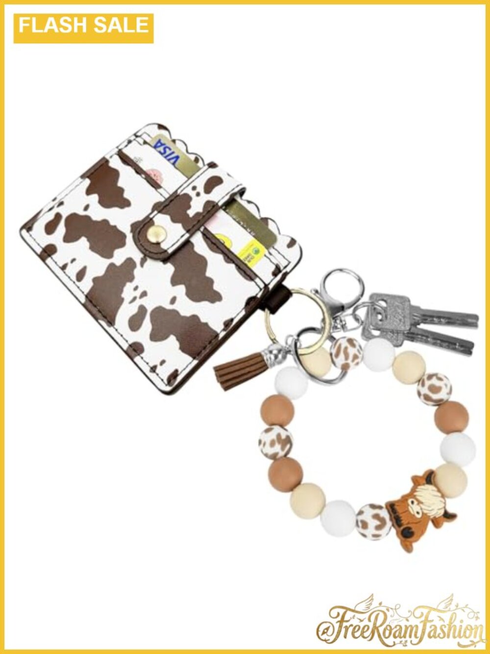 Highland Cow Wristlet Bracelet Keychain with Card Holder Silicone Beaded Keyring - Picture 1 of 4